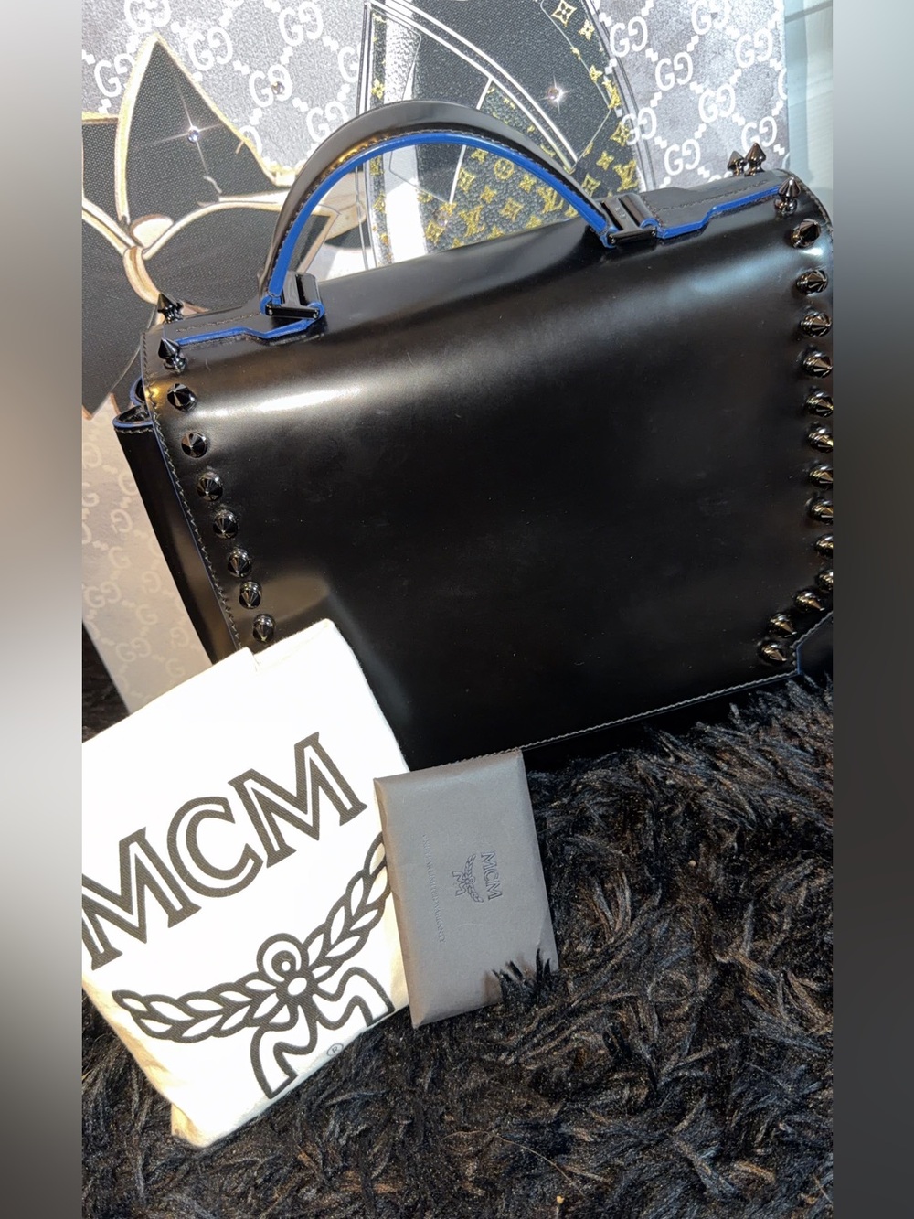 MCM Calf Skin Black Leather Top-Handle Satchel with Blue-Trim
